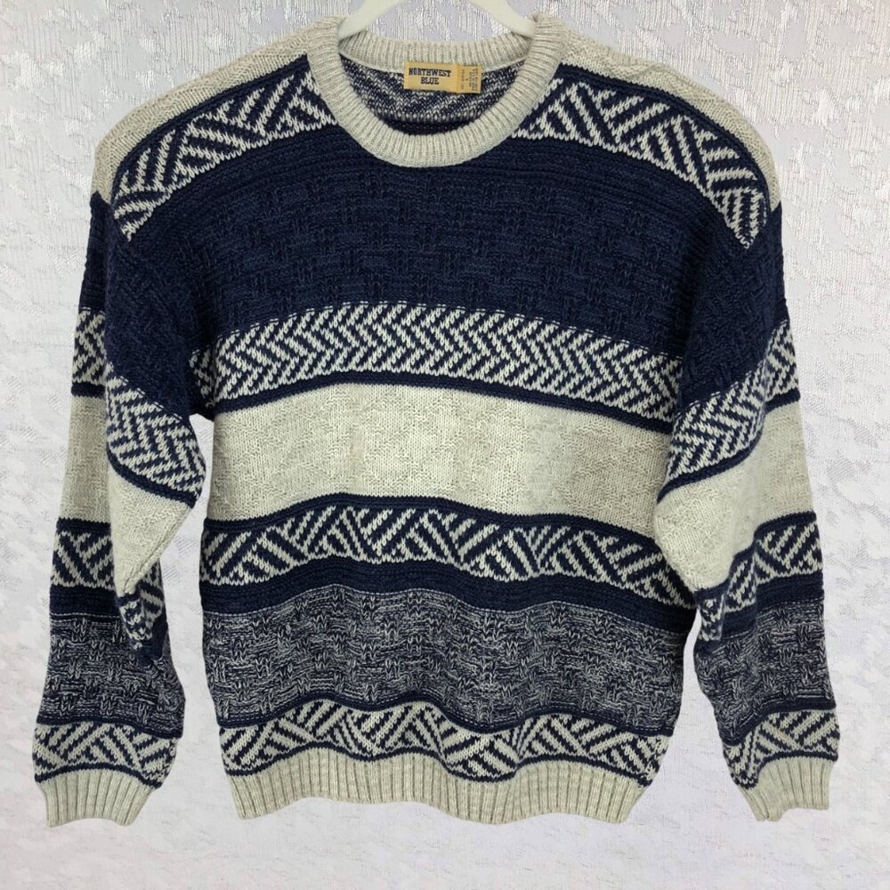Northwest Blue Vintage Pattern Design Knit Crewneck Sweater Size L